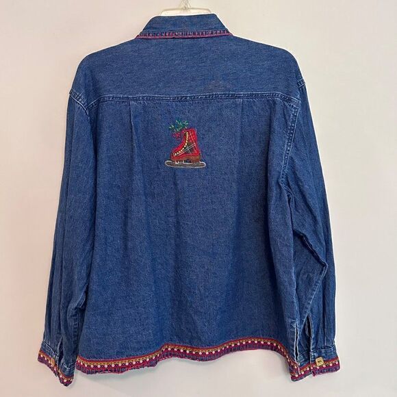 Carrie Allen Ice Skate All Over Embroidered Denim Shirt Jacket Shacket Womens XL - Picture 2 of 8